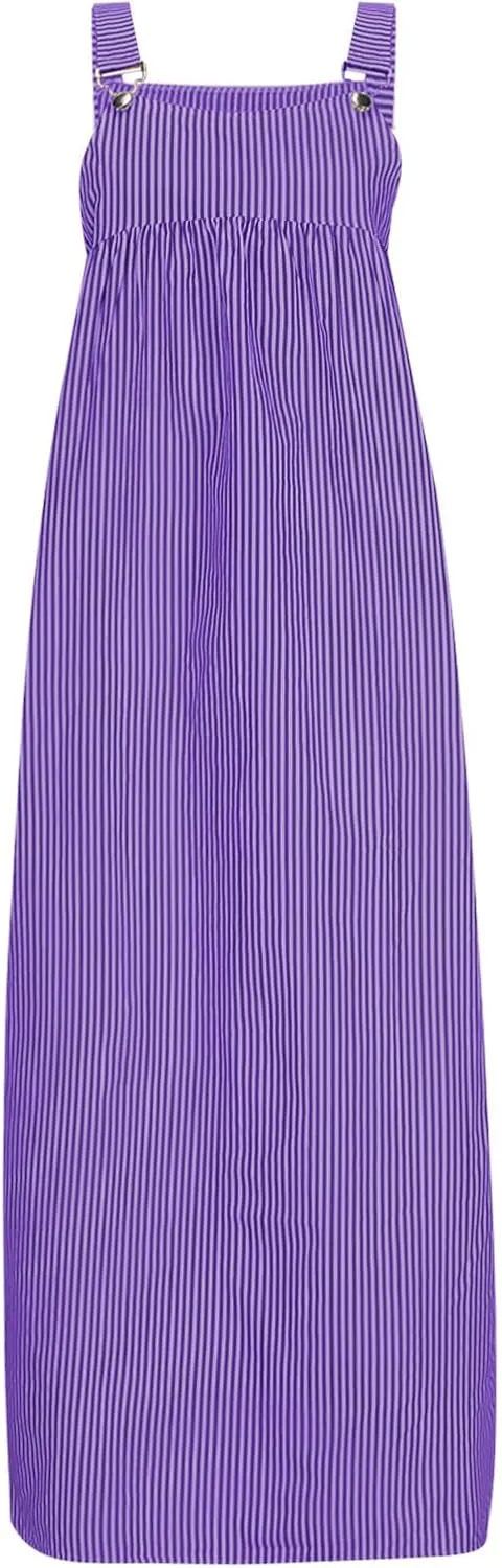 Women's Vertical Stripe Cami Dress Loose Crew Neck Mid Calf Length Dresses Summer Strapped Trendy Casual Dress