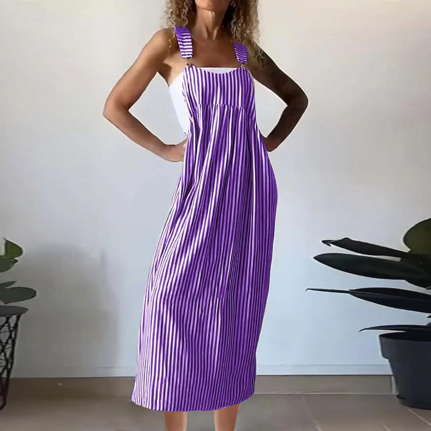 Women's Vertical Stripe Cami Dress Loose Crew Neck Mid Calf Length Dresses Summer Strapped Trendy Casual Dress