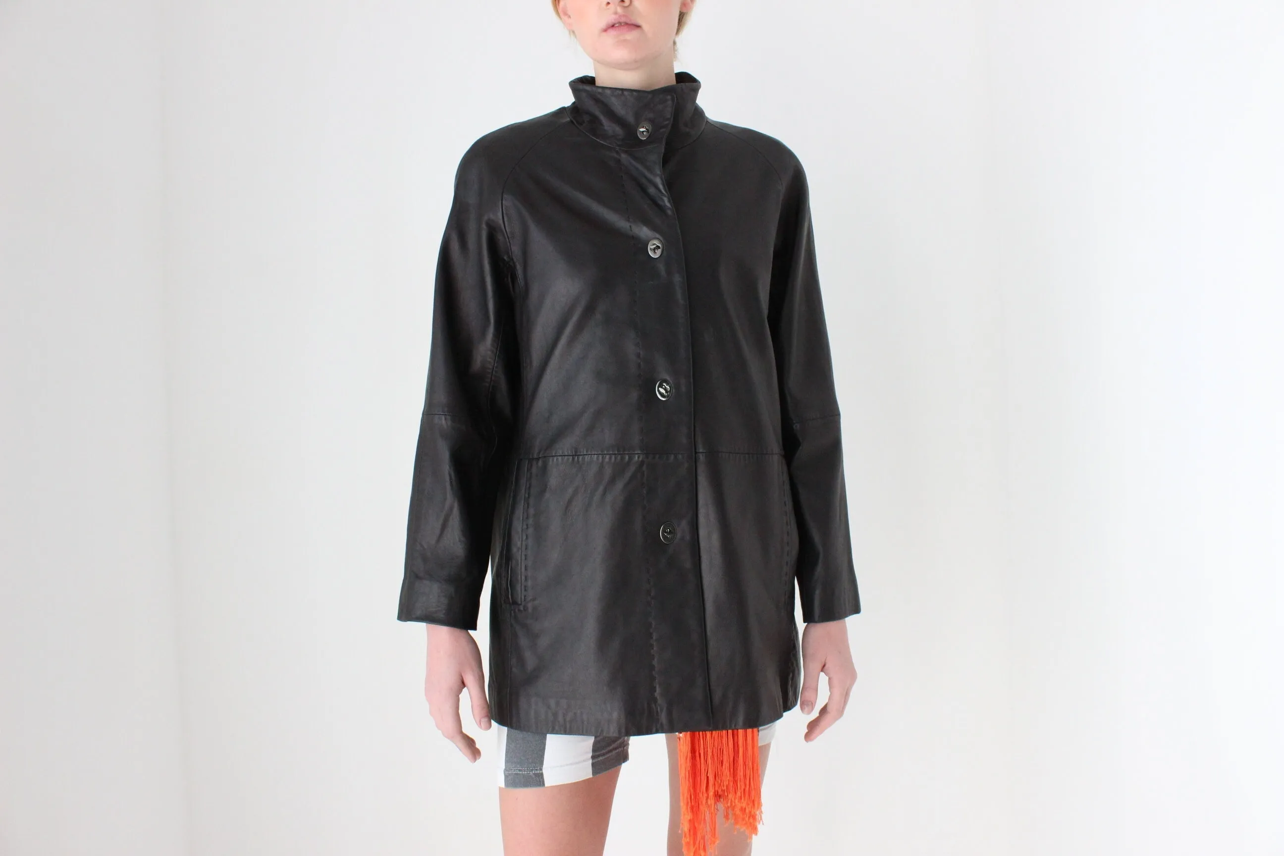 Y2K Ridiculously Soft Minimal Leather High Collar Jacket