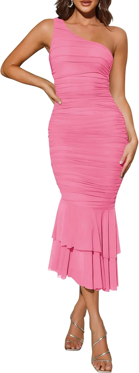 ZESICA Women's One Shoulder Summer Dress Sleeveless Mesh Ruched Bodycon Sexy Formal Cocktail Midi Dresses